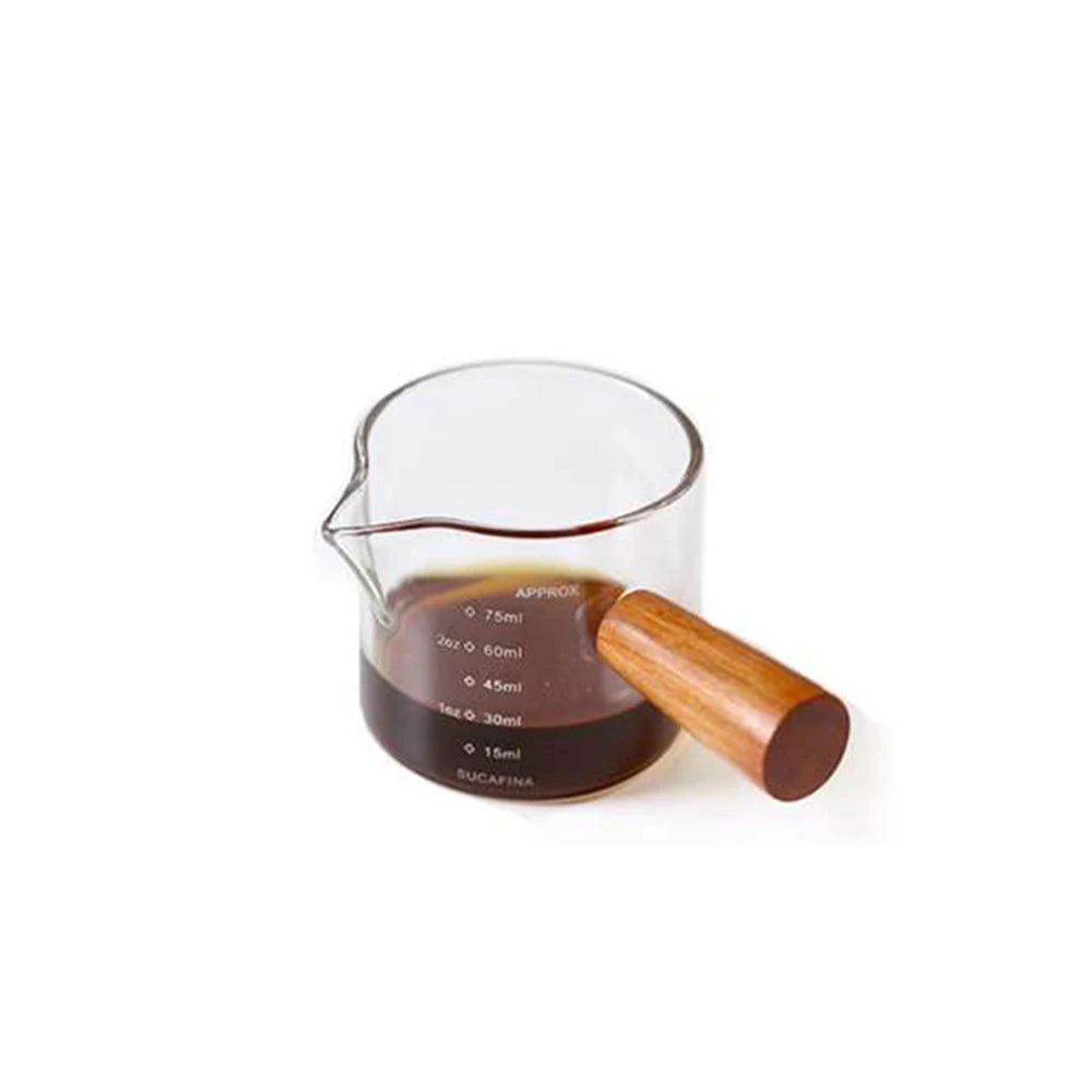 Wooden Handle Glass Measuring Cup – Double Spout Espresso & Milk Coffee Cup