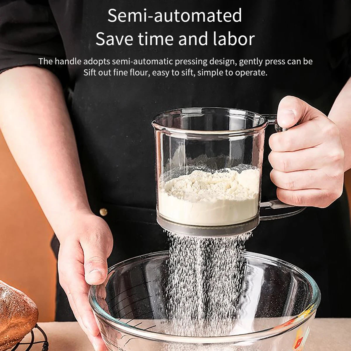Semi-Automatic Flour Sieve with Capacity Scale – 40 Mesh Stainless Steel Baking Sifter Cup