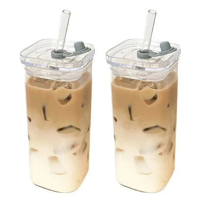 Square Heat-Resistant Glass Coffee Cup with Lid & Straw – 400ml Transparent Milk Tea & Juice Mug for Home & Bar