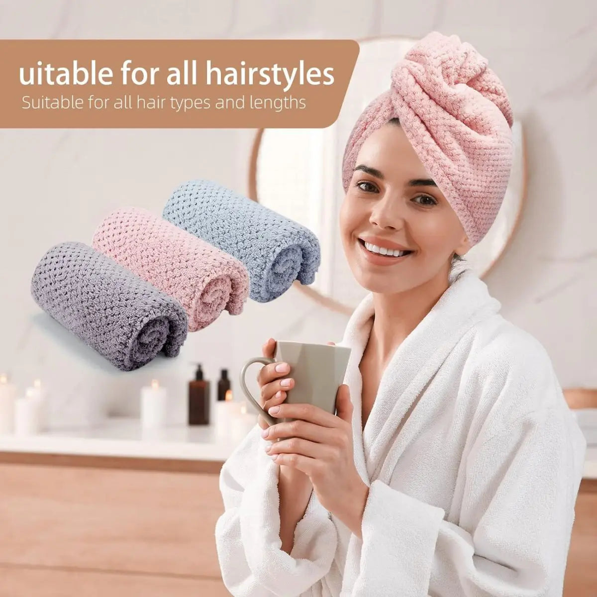 Solid Color Hair Drying Towel – Textured Absorbent Wrap with Button for Women (9.8" × 25.5")