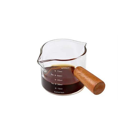 Wooden Handle Glass Measuring Cup – Double Spout Espresso & Milk Coffee Cup