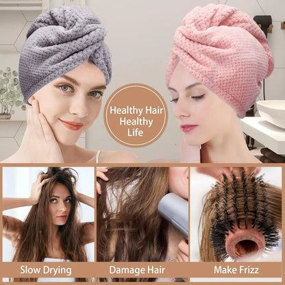 Solid Color Hair Drying Towel – Textured Absorbent Wrap with Button for Women (9.8" × 25.5")