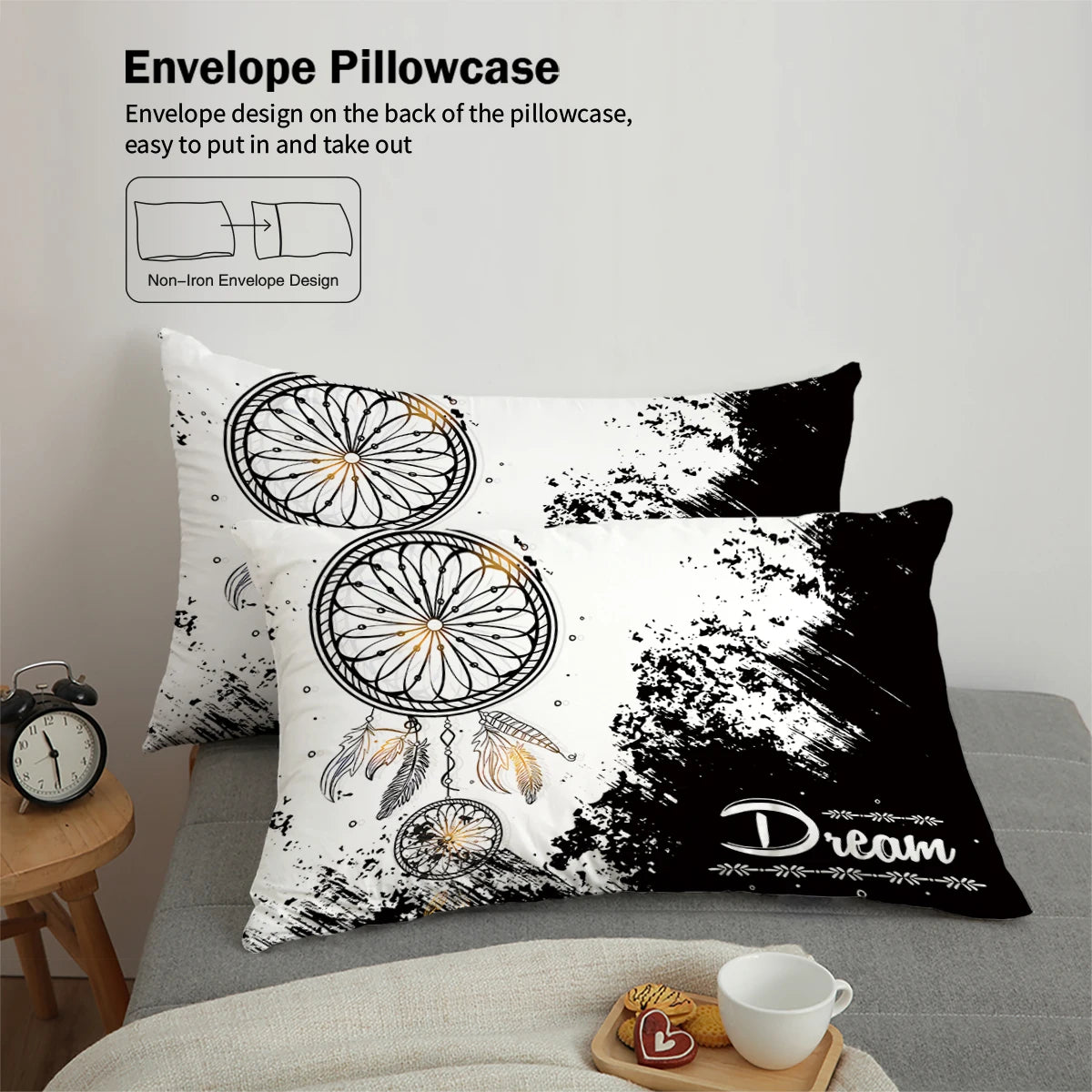 3-Piece Dreamcatcher Bedding Set – Black & White Printed Duvet Cover Set | Homevera