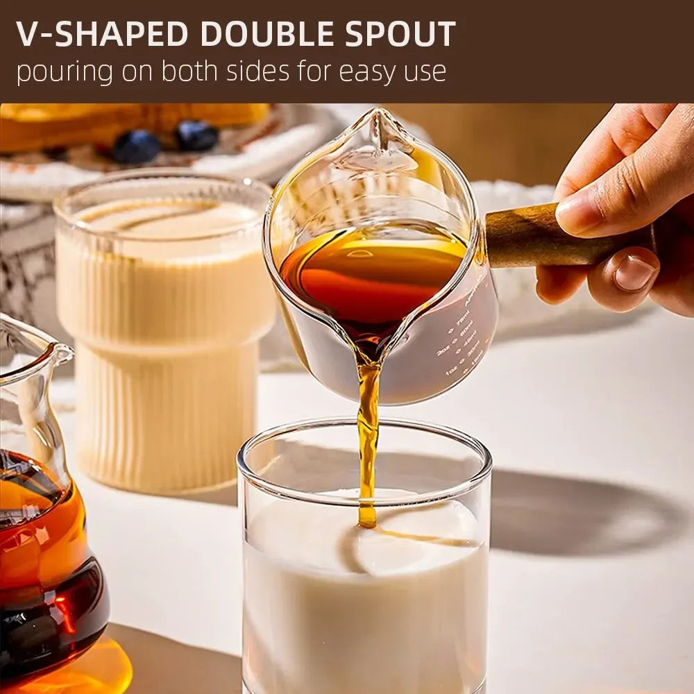 Wooden Handle Glass Measuring Cup – Double Spout Espresso & Milk Coffee Cup
