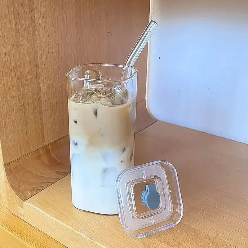 Square Heat-Resistant Glass Coffee Cup with Lid & Straw – 400ml Transparent Milk Tea & Juice Mug for Home & Bar