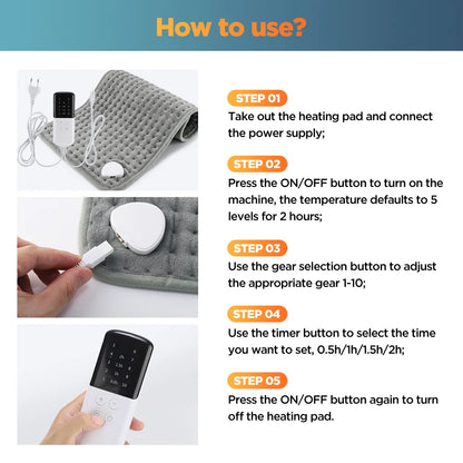 30×60cm Electric Heating Pad – 9/10 Level Adjustable Hot Compress Blanket for Back, Legs & Hands