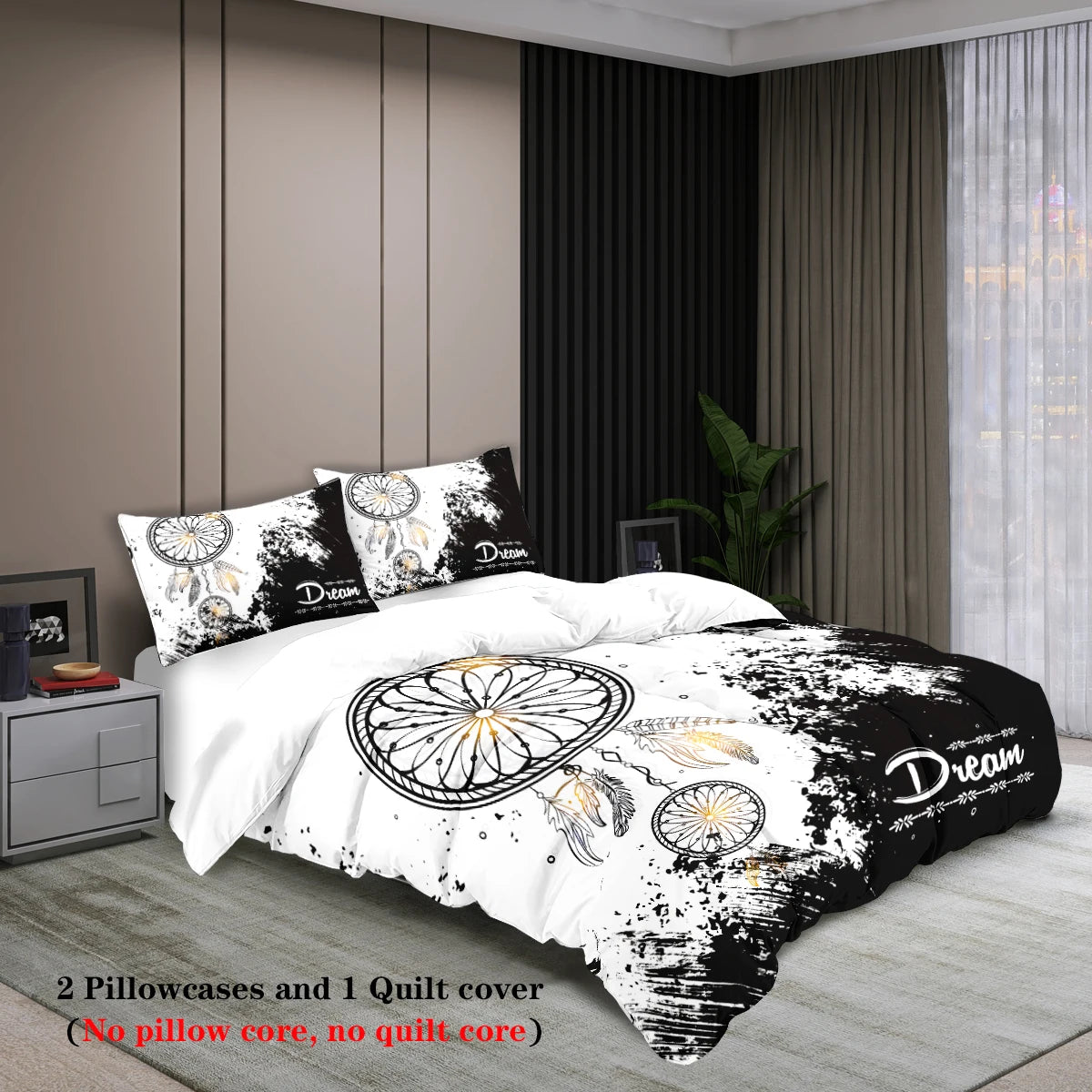 3-Piece Dreamcatcher Bedding Set – Black & White Printed Duvet Cover Set | Homevera
