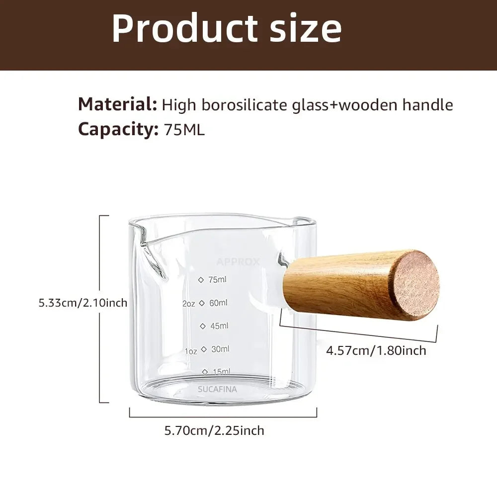 Wooden Handle Glass Measuring Cup – Double Spout Espresso & Milk Coffee Cup