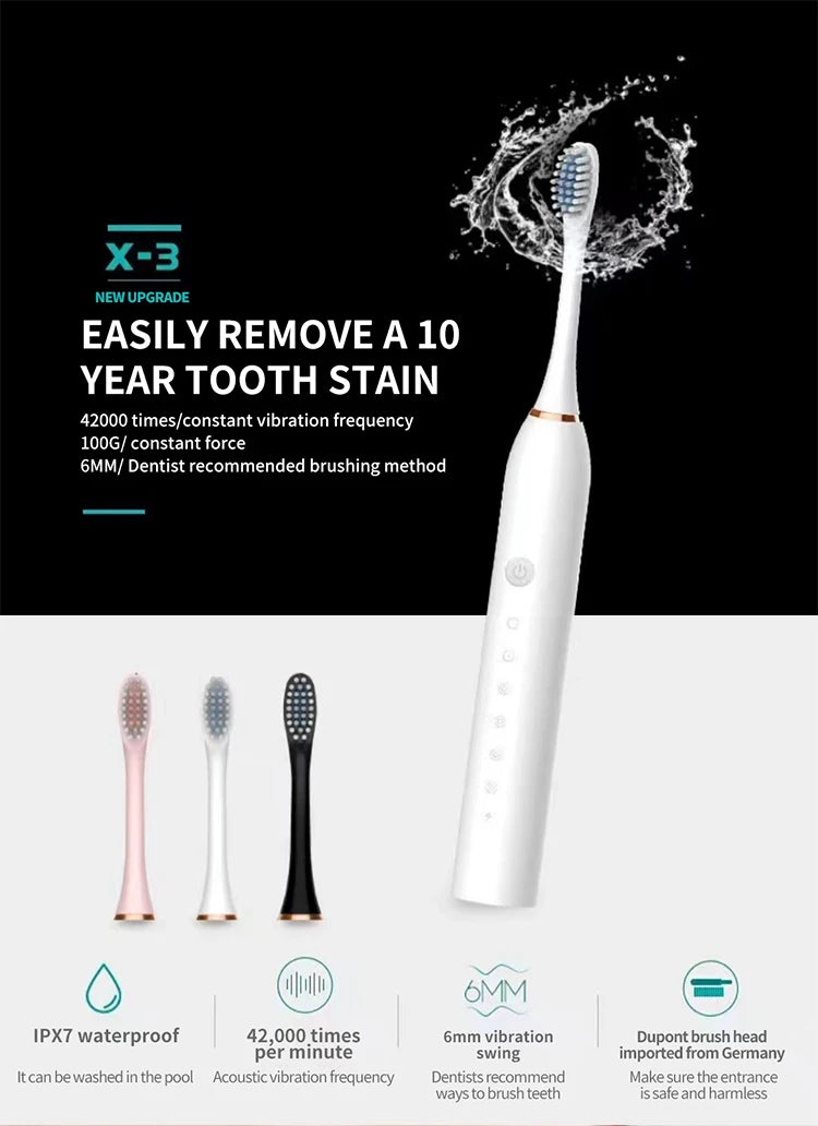 X3 Electric Ultrasonic Toothbrush – 6-Speed USB Rechargeable Waterproof Adult Tooth Cleaner, Soft Bristles, Automatic Couple Set