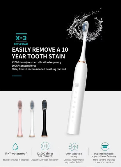 X3 Electric Ultrasonic Toothbrush – 6-Speed USB Rechargeable Waterproof Adult Tooth Cleaner, Soft Bristles, Automatic Couple Set