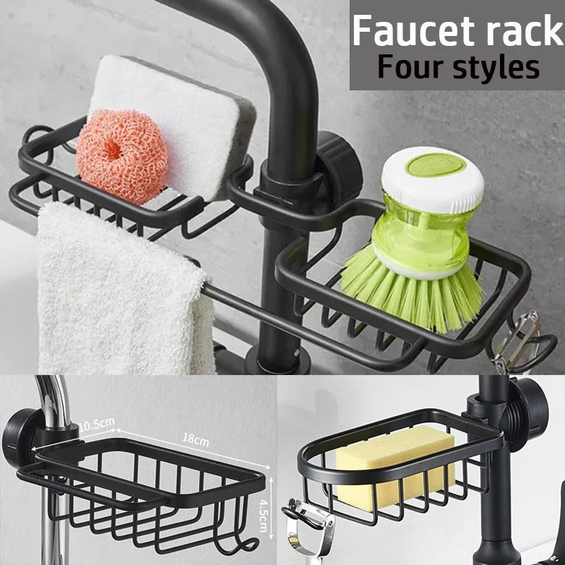 Rotatable Space Aluminum Sink Drain Rack – Faucet Sponge & Soap Holder Organizer for Kitchen & Bathroom