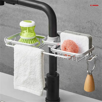 Rotatable Space Aluminum Sink Drain Rack – Faucet Sponge & Soap Holder Organizer for Kitchen & Bathroom