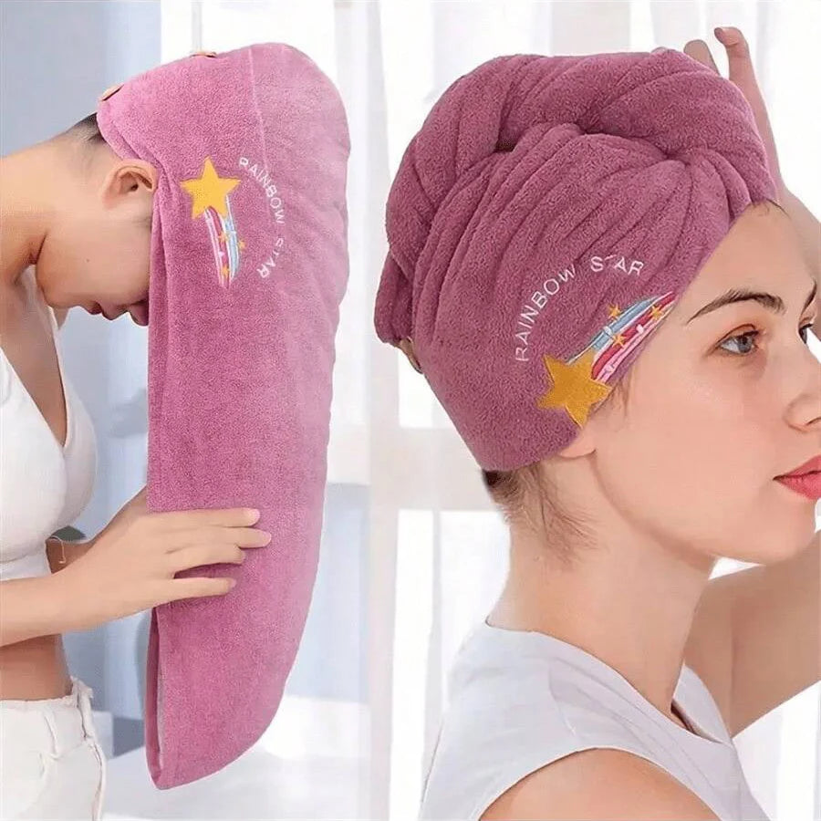 Embroidery-Style Hair Drying Cap – Thick Coral Fleece Towel for Quick & Gentle Hair Drying