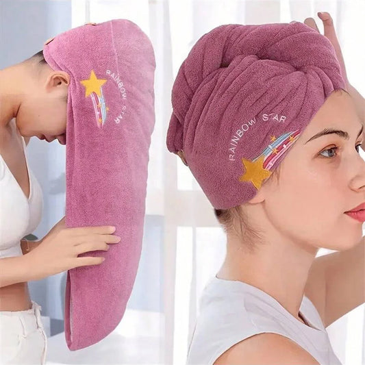 Embroidery-Style Hair Drying Cap – Thick Coral Fleece Towel for Quick & Gentle Hair Drying