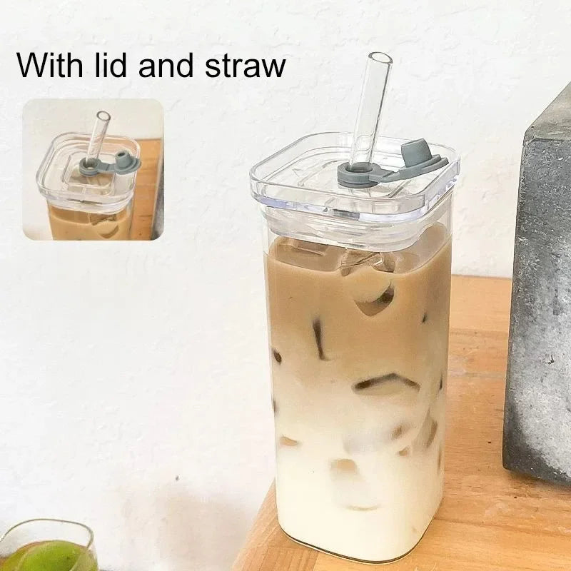 Square Heat-Resistant Glass Coffee Cup with Lid & Straw – 400ml Transparent Milk Tea & Juice Mug for Home & Bar