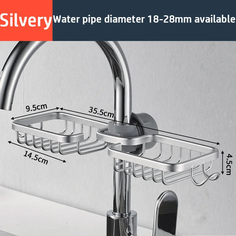 Rotatable Space Aluminum Sink Drain Rack – Faucet Sponge & Soap Holder Organizer for Kitchen & Bathroom