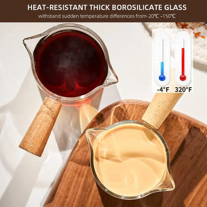 Wooden Handle Glass Measuring Cup – Double Spout Espresso & Milk Coffee Cup