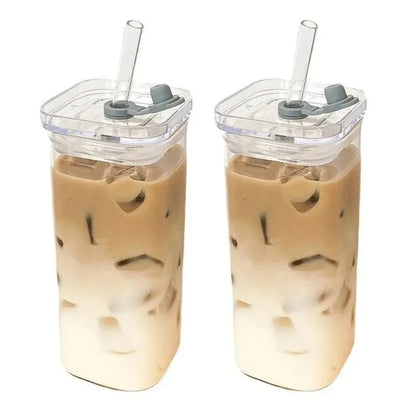 Square Heat-Resistant Glass Coffee Cup with Lid & Straw – 400ml Transparent Milk Tea & Juice Mug for Home & Bar